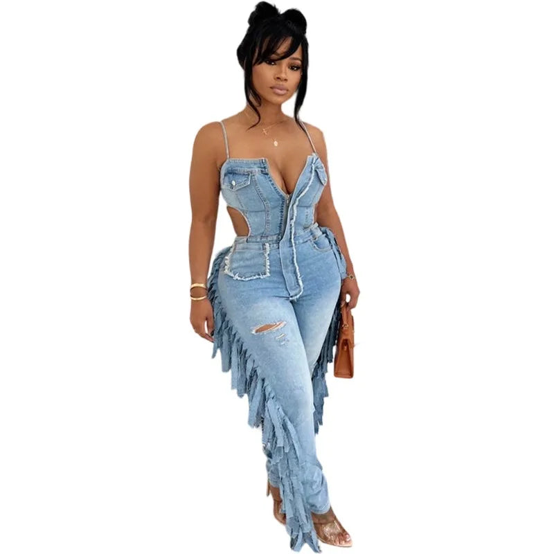Side Tassel Holes Camisole Denim Jumpsuits Zipper Strapless Spaghetti Straps Backless Stretch Jeans Overalls Casual Streetwear