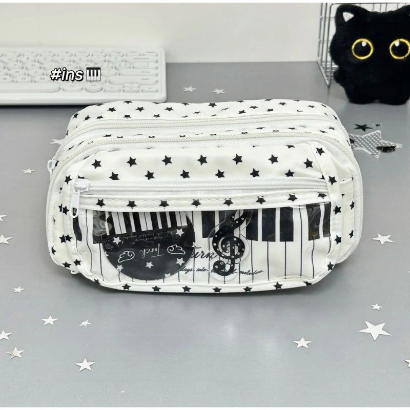 Polka Dot Piano Keyboard Backpack Back-to-school Girl Music Theme Embroidered Nylon Backpack Large Capacity Lightweight Backpack