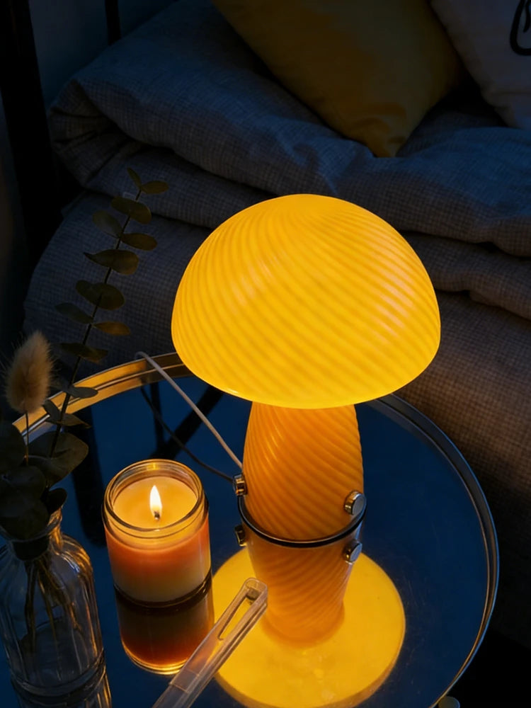 Forest Shade Glass Mushroom Table Lamp Nordic Bauhaus Ins Cream Style Girly Living Room Bedroom Bedside Ornament Ambient Night