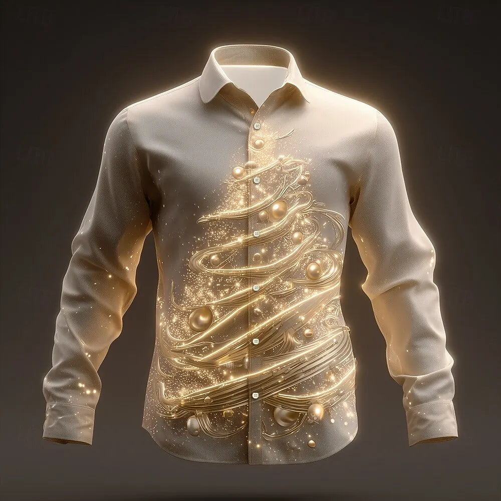 2025 Men's Christmas Tree Sparkling Glitter Christmas Light Shirt Button Up Shirt Long Sleeve Funny Christmas Gifts Holiday Wear