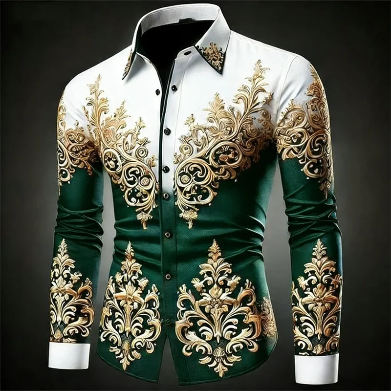 New 12 Color Men's Gold Exquisite Pattern Long-Sleeved Button Retro Floral 3D Printed Hawaiian Shirt Fashionable Shirt