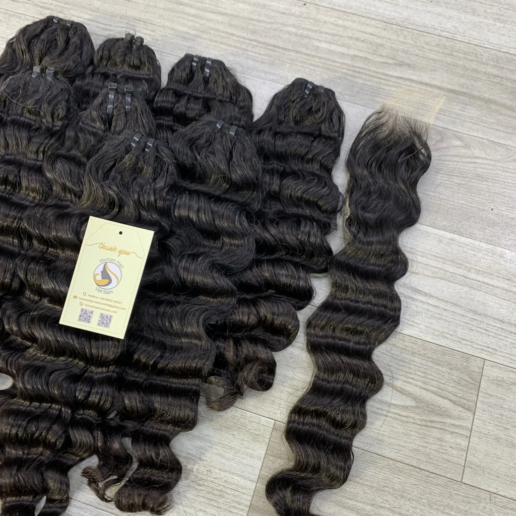 Wholesale Deep Wave Double Drawn Machine Weft Natural Black Raw Vietnamese Human Hair Bundles Soft Curl Weft Extensions