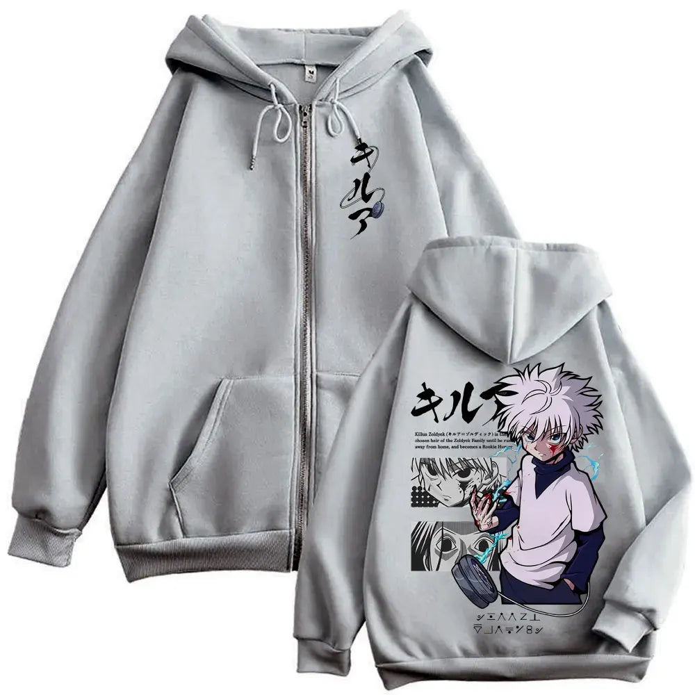 Anime Hunter X Hunter Zipper Hoodie Killua Zoldyck Graphic Hoodies Men Women Vintage Oversized Fleece Cotton Zip Up Jacket Coat