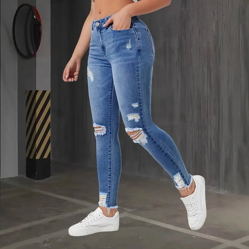 Women's Slim Fit Jeans with Rips Casual Slimming Cone Shaped Mom Jeans Comfortable Stretch Denim Trousers