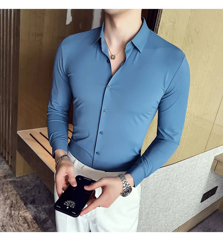 Men's Ultra Stretch Seamless Long Sleeve Shirt Top Quality Business Casual Breathable Stretchable Solid Color Formal Dress Shirt