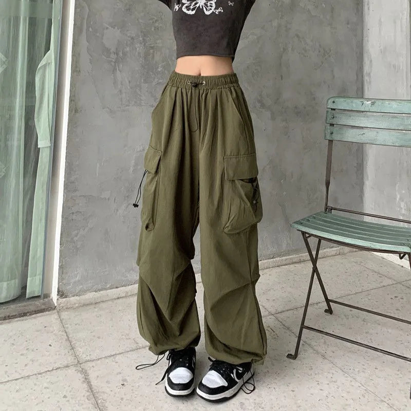 Women Streetwear Cargo Pants Elastic Waist Multi Pocket Loose Wide Leg Vintage Drawstring Casual Trousers