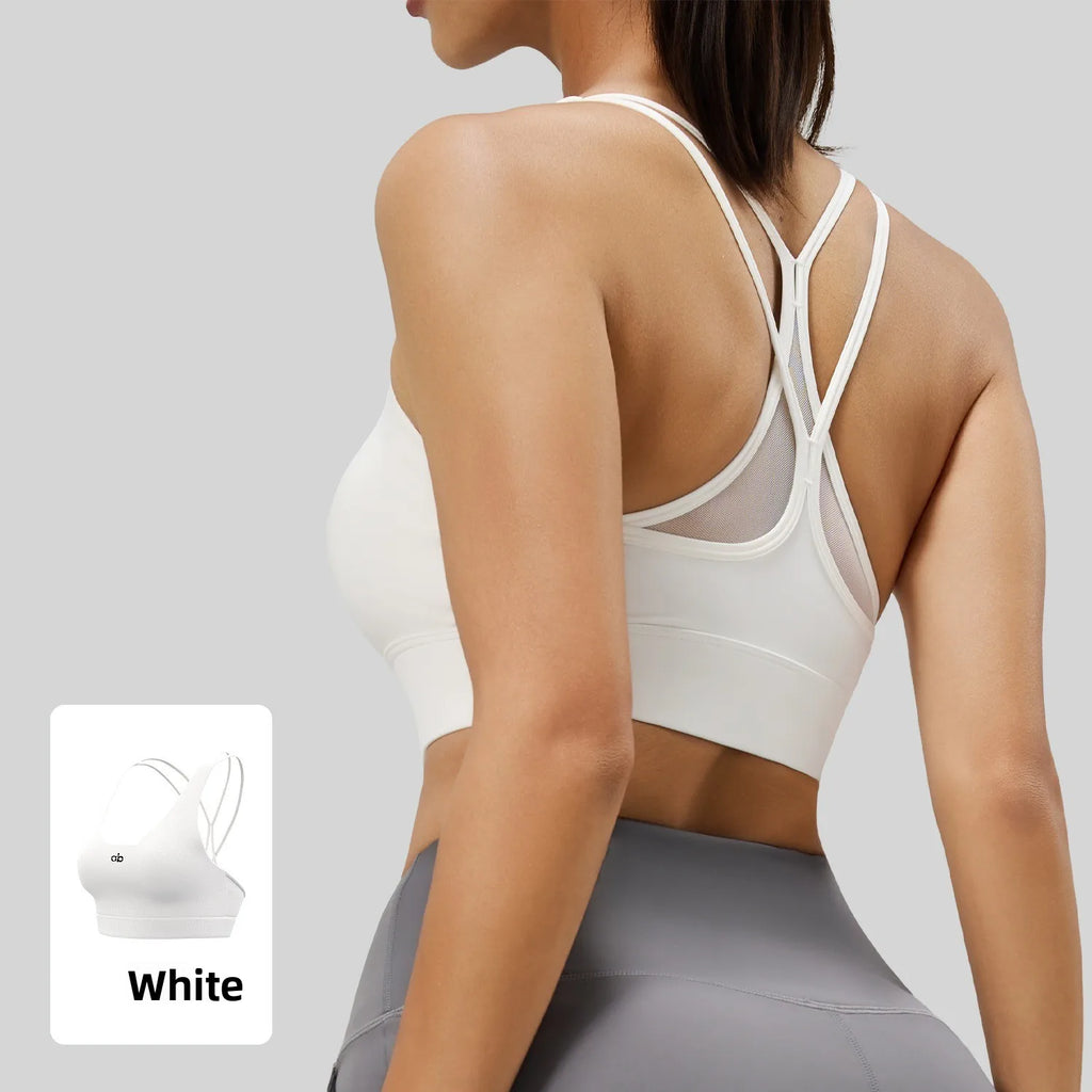 Women U Neck Fitness Crop Top Crossback Sports Bra Fixed Cups Vest, Shockproof Gym Running Workout Yoga Top