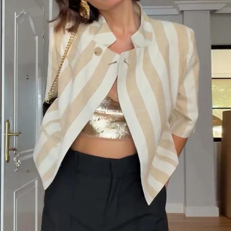 Women Chic Stripe Cropped Blazer Jacket Stand Collar 3/4 Sleeve Single Breasted Shoulder Pad Top 2026 Summer Fashion Street Coat