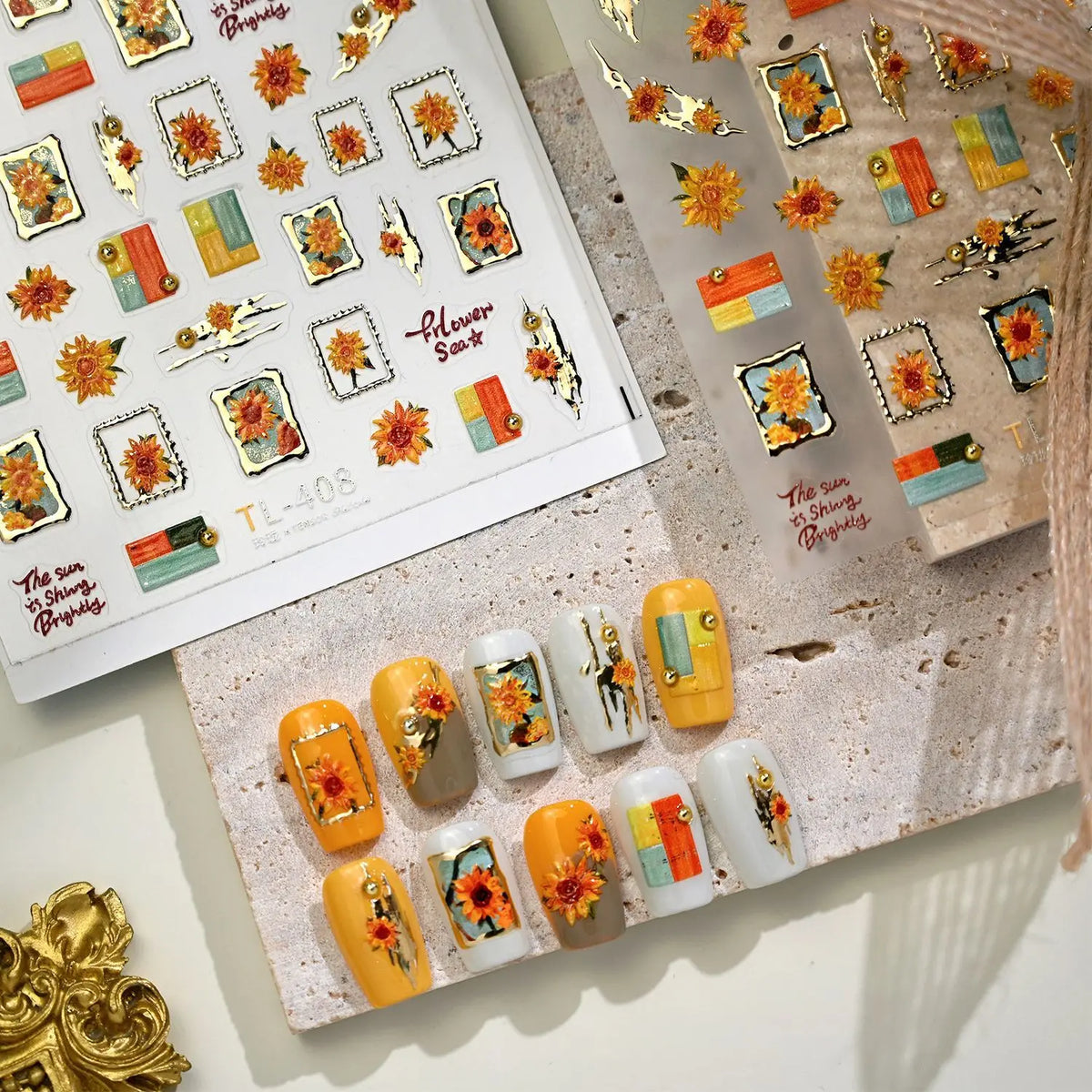 Gold Stamped Frame Oil Painting Style Sunflowers Metal Bead 3D Self Adhesive Nail Art Stickers Autumn Manicure Decals Wholesale