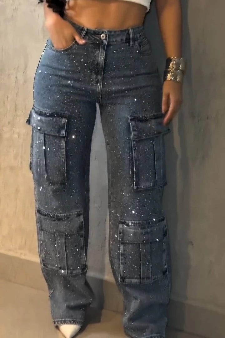Women Jeans Denim Pant Vintage Wide Leg Long Pants High Waist Straight Trousers Y2k Streetwear Elegant Work Hot Drilling 2026