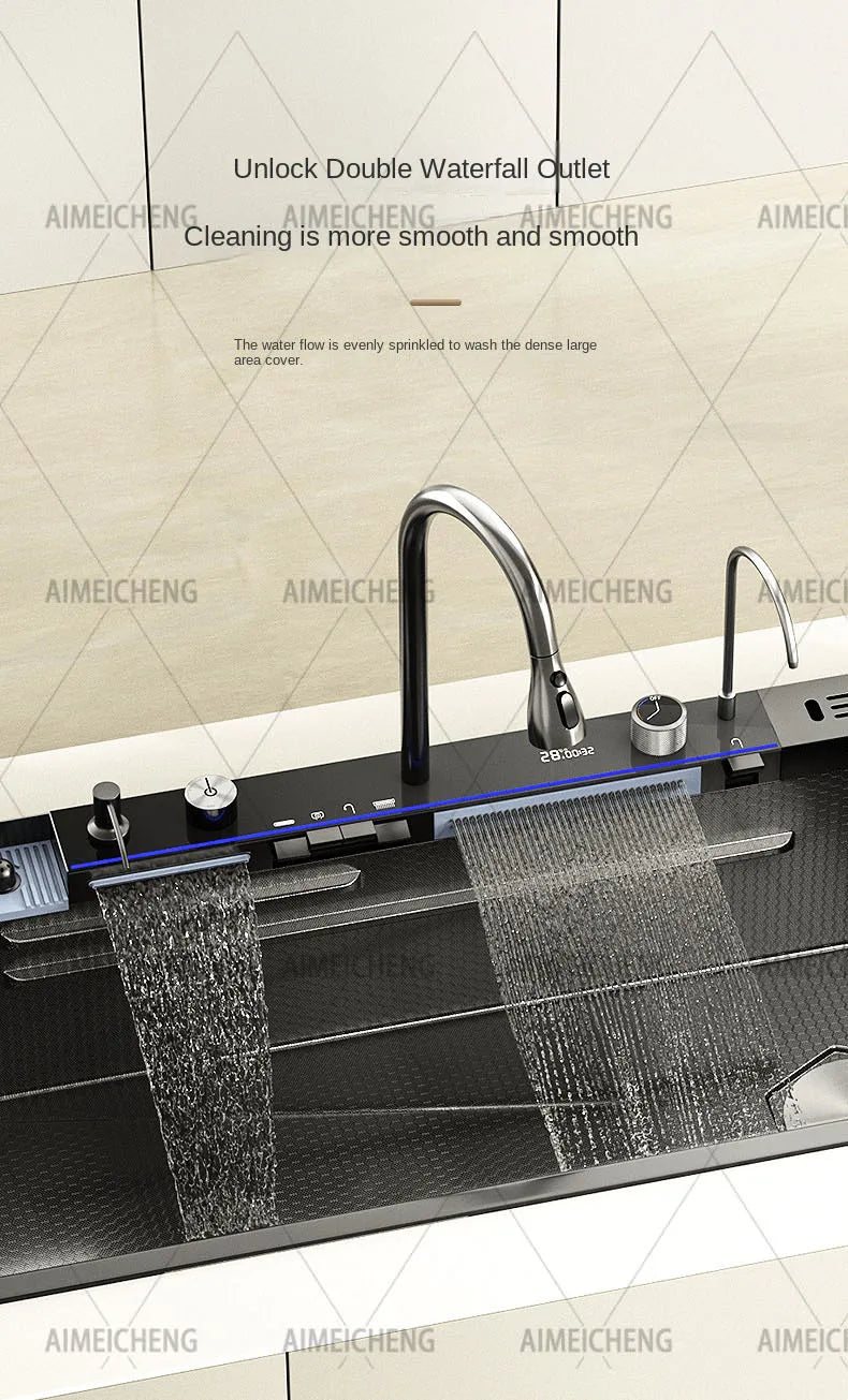 2026 Tiktok Newest Design 30 Inch Waterfall Faucet Black Bionic Honeycomb 304 Stainless Steel Big Single Bowl Kitchen Sink