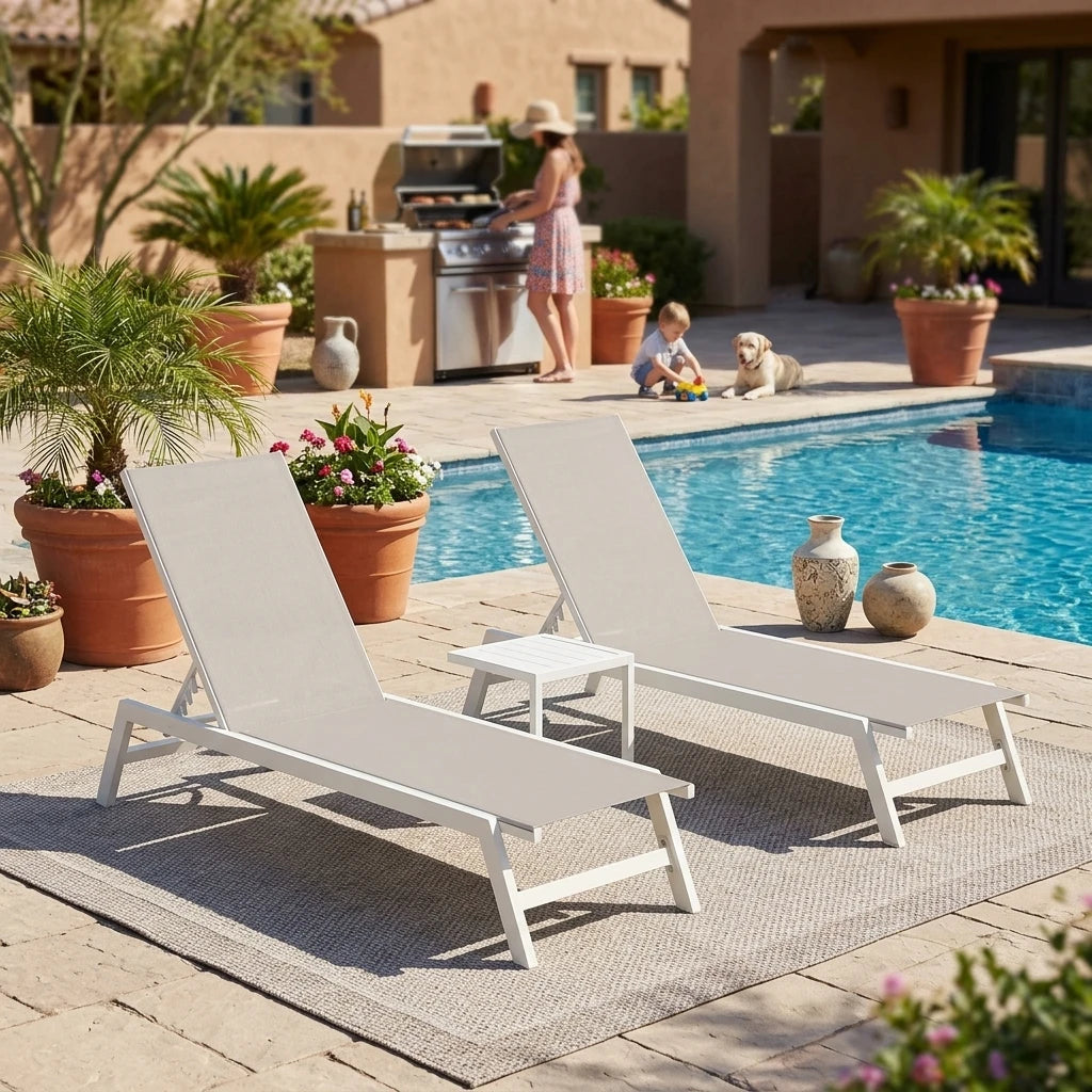 3PCS Aluminum Teslin Sun Lounger Set With Side Table Adjustable Backrest Outdoor Chaise Lounge Pool Garden Beach Hotel Sunbed
