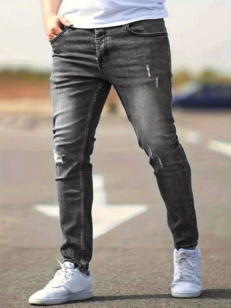 2026 Spring Men's Distressed Skinny Jeans Vintage Wash Elastic Biker Holes Casual Slim Fit Streetwear Denim Pencil Pants Joggers