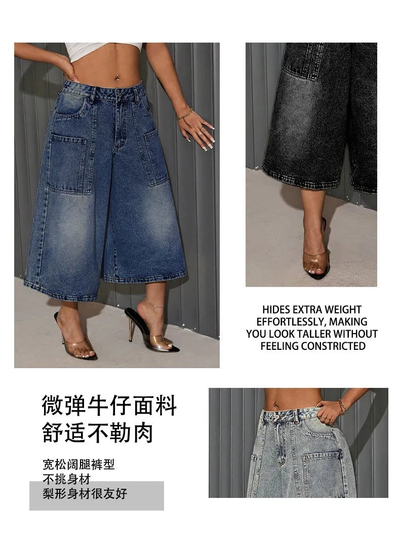 Women's Denim Shorts Mid Waist Wide Leg Faded Wash Multi Pockets Knee Length Loose Fit Vintage Casual Bermuda Jean Culottes