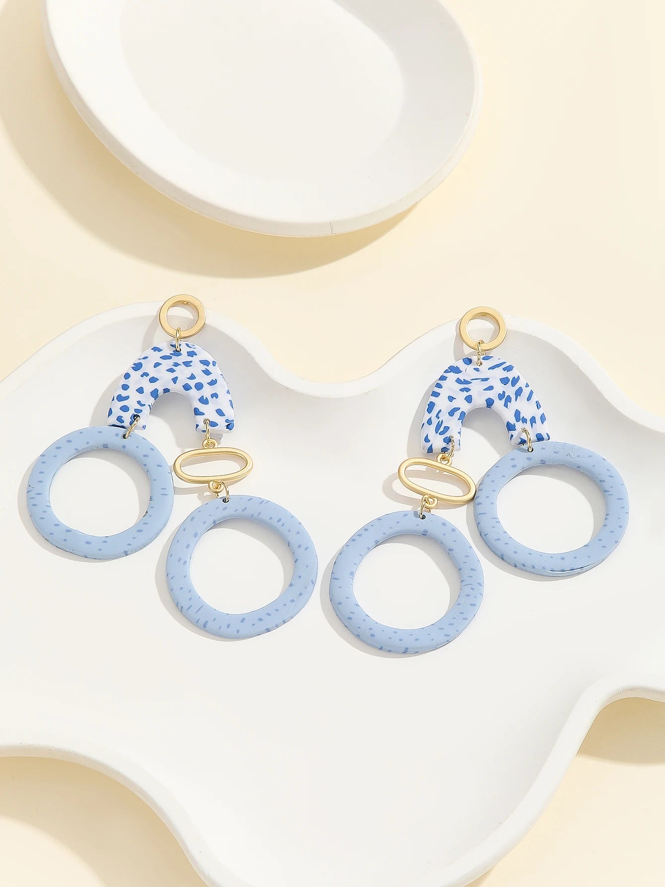 Mediterranean Blue Mosaic Arch Earrings Modern Light Blue Double Hoop Thin Dangle Artsy Statement Jewelry Summer Accessories