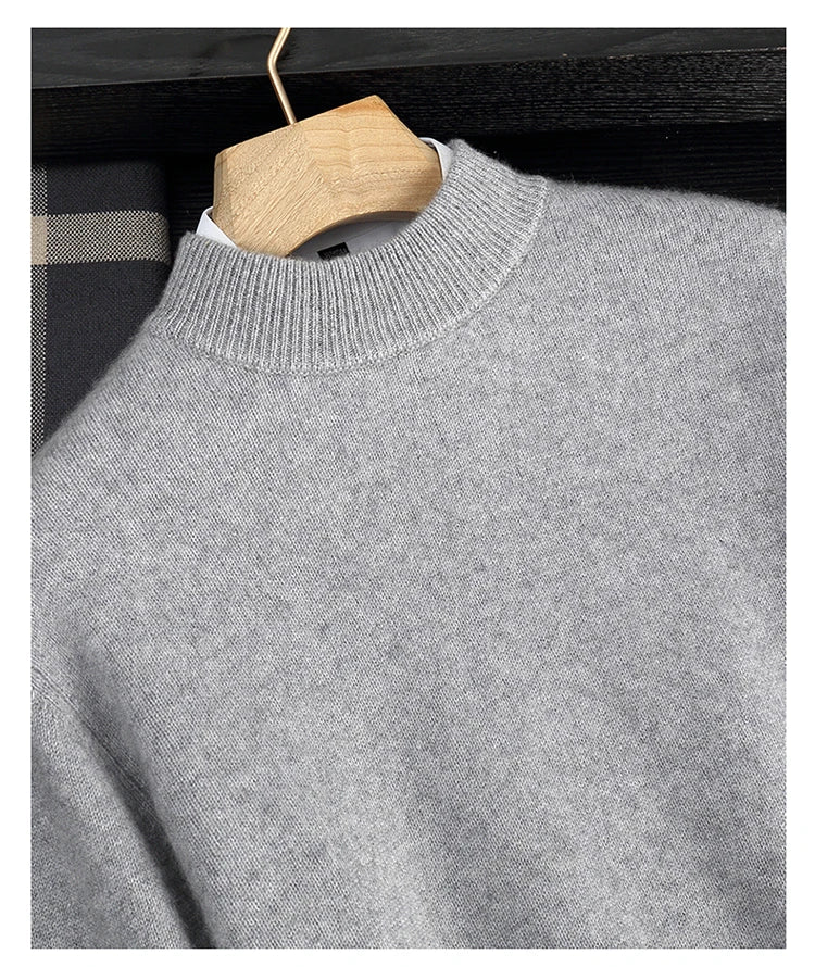Autumn/Winter Men's 100% Cashmere Pullover Business Casual Solid Knitted Sweater Loose Half High Neck Tops Thick Warm Jumper