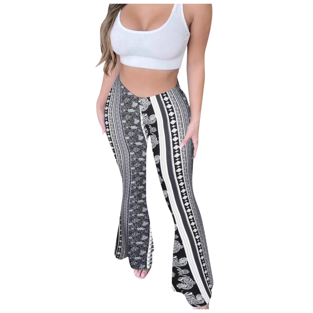Bohemian Flare Pants for Women High Waisted Stretchy Bell Bottoms Y2K Hippie Style Trousers for Beach Vacation Leggings 2026