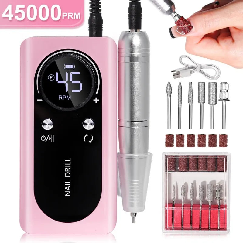 For Manicure Salon Tool Professional 45000RPM Electric Portable Nail Drill Machine Rechargeable Low Noise Nail Sander File