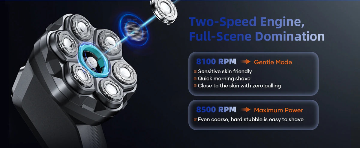 Kensen S32 Electric Head Shaver for Men 7D Floating Cutter USB-C Rechargeable 8100/8500 RPM IPX6 Waterproof Magnetic Head Razor