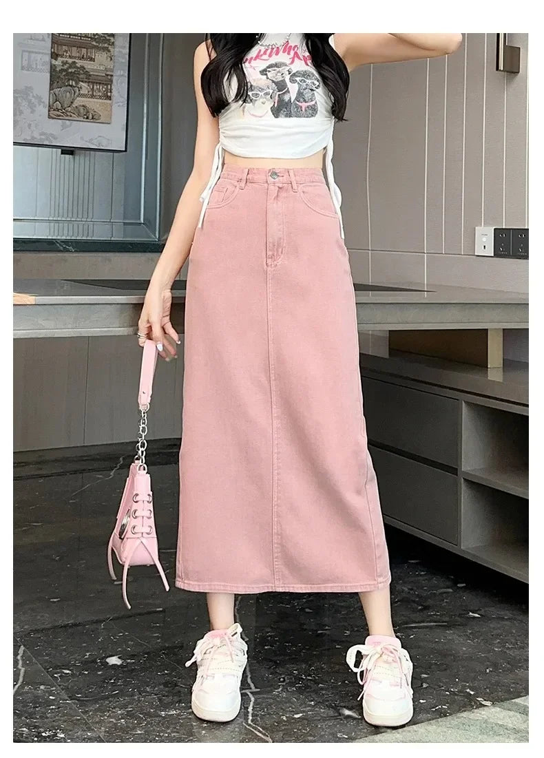 New Summer Women's 100% Cotton Denim Shorts Pink High-waisted Slit Retro Elegant Fashionable Casual Denim Long Skirt Female