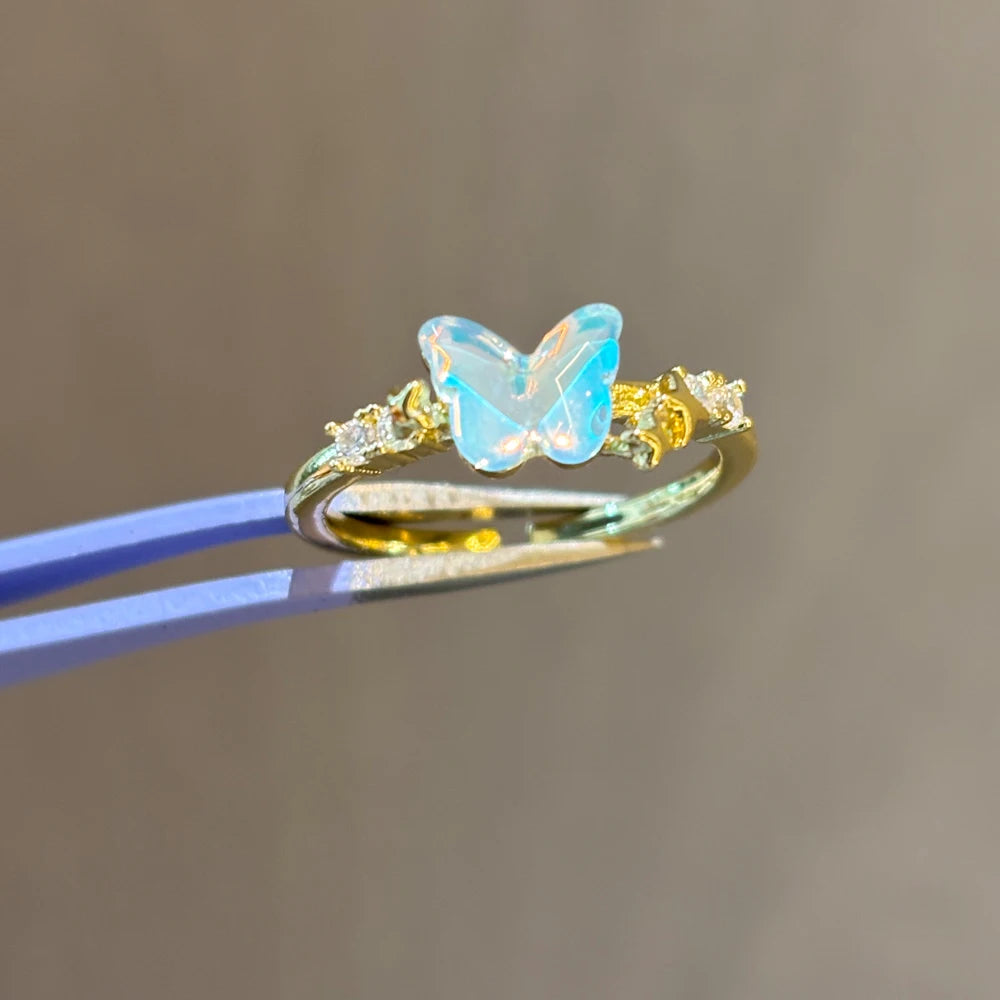Vintage Blue Crystal Bow Knot Rings Women Gold Plated Open Adjustable Ring Sweet Heart Zircon Pearl Finger Ring Fashion Jewelry