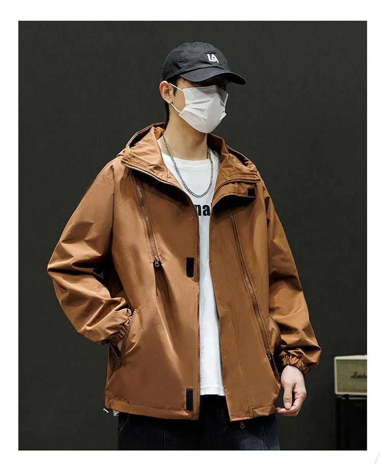 Japanese Windbreakers Men's Jacket Zipper Coat Cargo Waterproof Jackets Bomber Camping Loose Thin Softshell Hooded Hiking Jacket