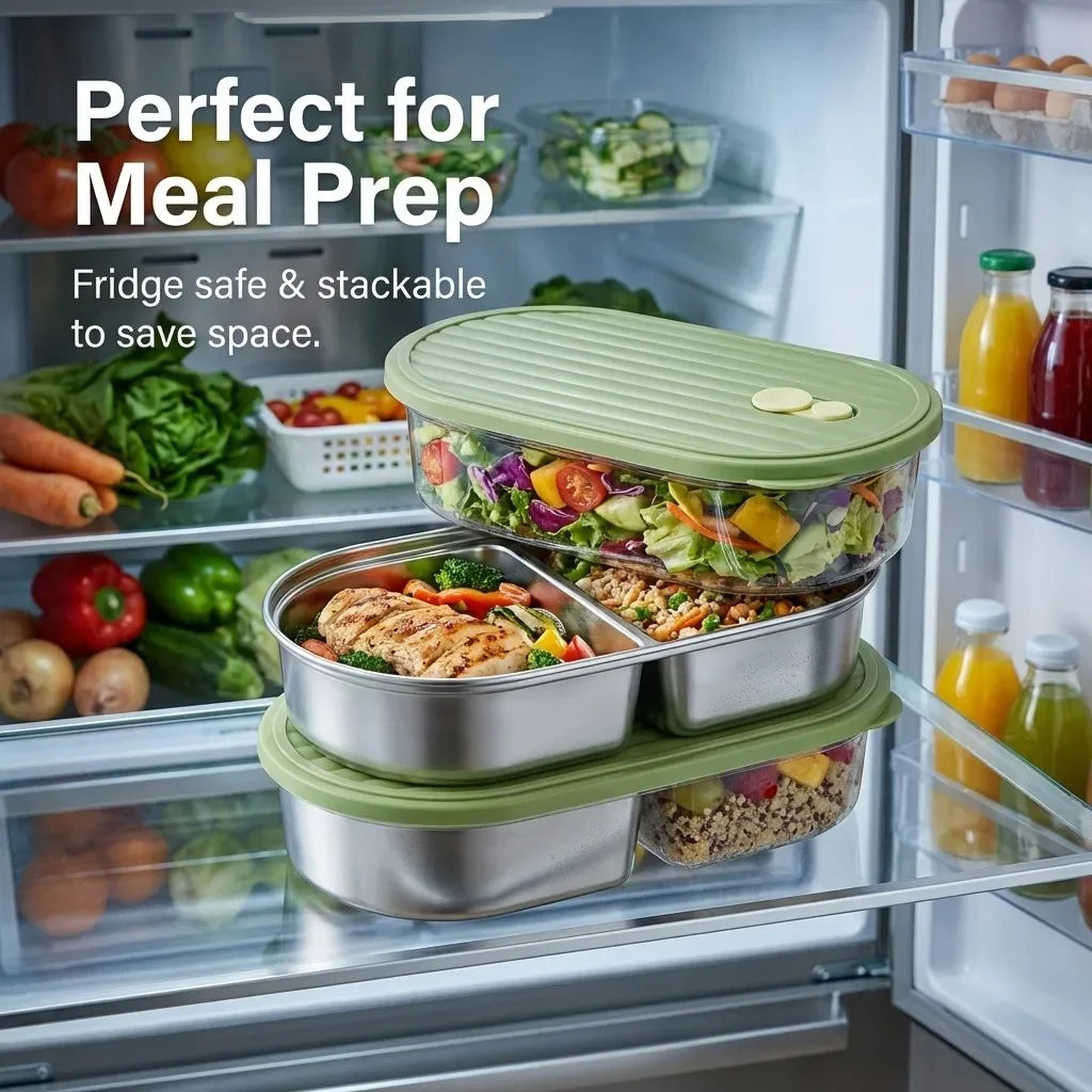 Microwaveable 304 Stainless Steel Bento Box Oval Divided Lunch Box 2 Grids Food Storage Container For Kids Students School