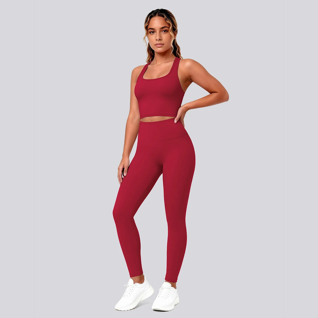 2PCS Solid Color Yoga Set for Woman's Gather Beautiful Back I-shaped Vest Shock-absorbing Running Yoga Tank Top Push Up Pants
