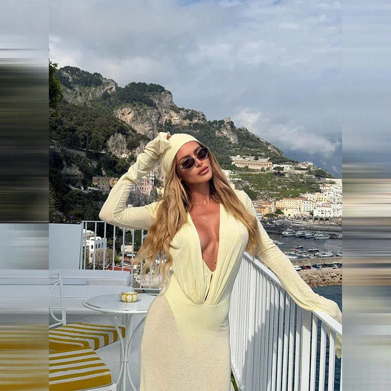 Luxury See Through Mesh Bodycon Maxi Dress For Women Lady Long Flared Cuff Deep V Neck Pleated Beach Holiday Evening Party Gown
