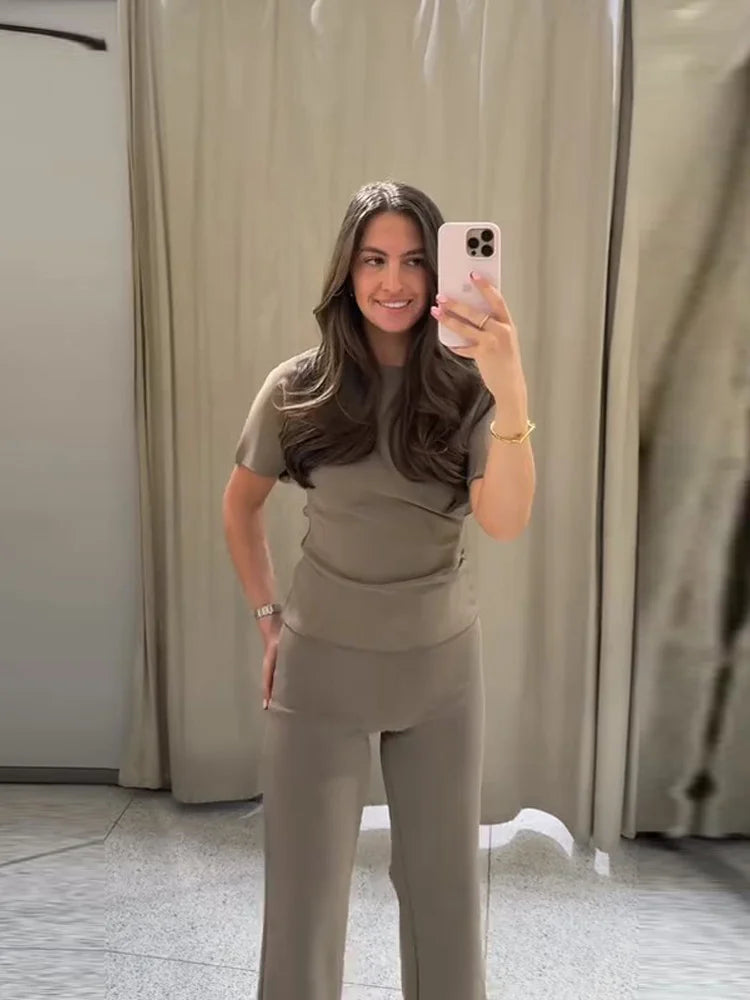Sexy Solid Top Trousers Set Women Short Sleeve Backless Tops Long Slim Pants Sets Female 2026 Chic Summer Autumn Lady Suits New