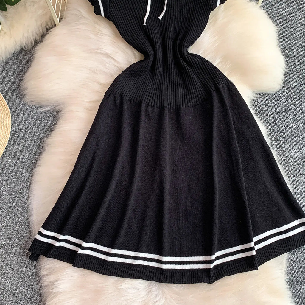 Summer Women Sweet Strechy Sundress Turndown Collar Short Sleeve Knitted Dress Lace Up Bow High Waist A-line Mini Dress