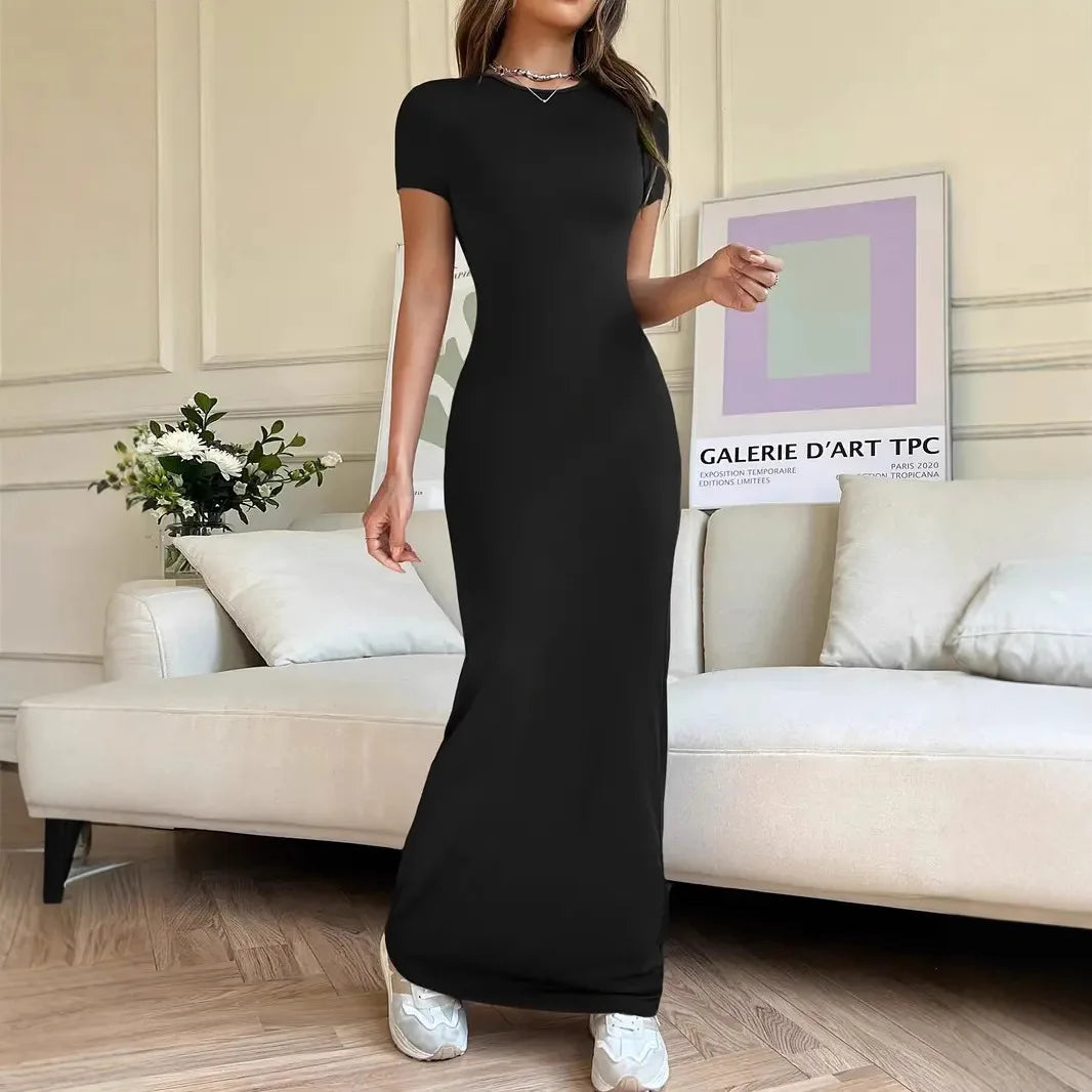 Short-sleeved Solid Color Slim Sexy Waisted Spring And Summer Temperament Dress Women's Round Neck Elegant Long Dress For Dinner