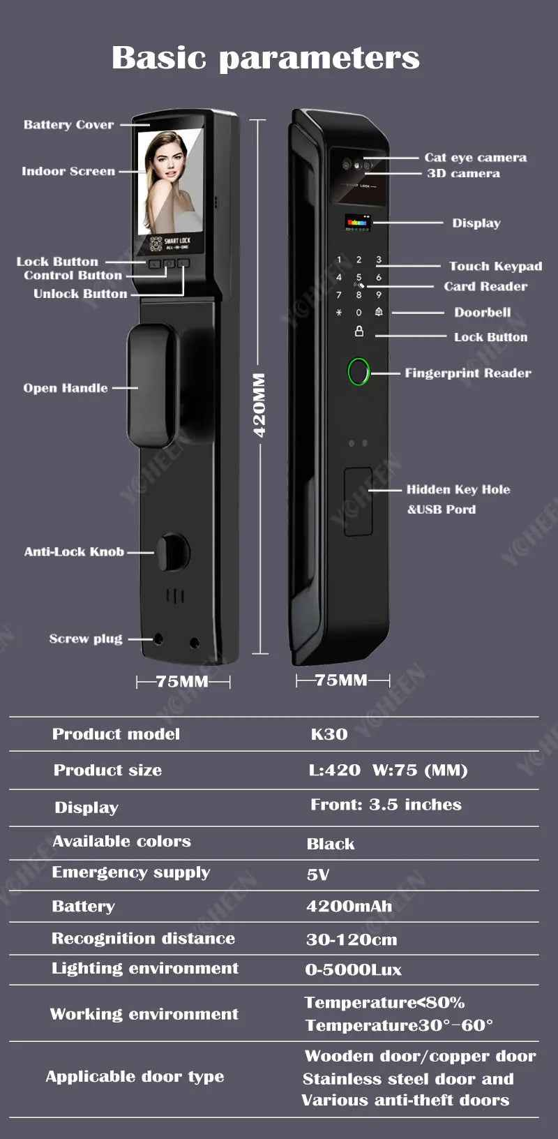 Tuya Or Wishome Wifi APP Camera Digital Electronic Door Lock Face Fingerprint Recognition Card Key Safe Smart Inteligente Lock