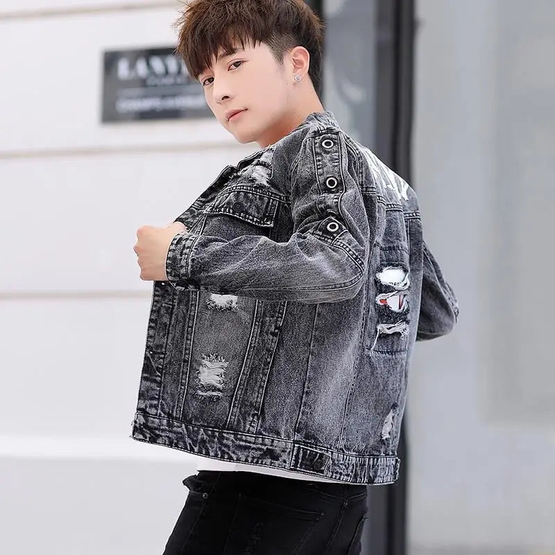 Ripped Button Men's Denim Jacket Washed Branded of Fabric Trendy Casual Original Aesthetic Fashion Male Jean Coats Fast Delvery