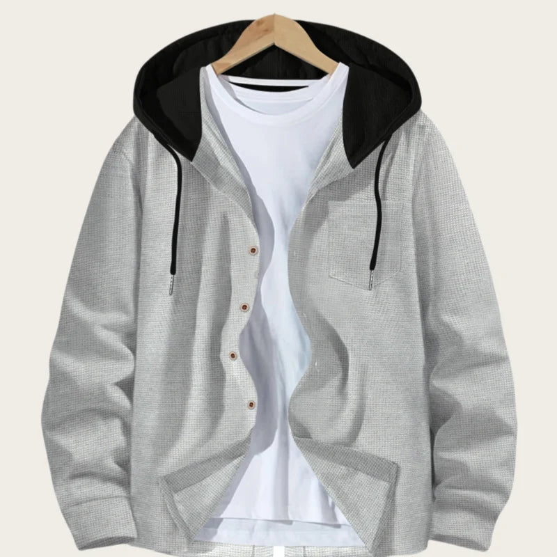Korean Waffle Hooded Cardigans for Men Spring Autumn Contrast Color Single Breasted Hoodies Breathable Casual Lightweight Jacket