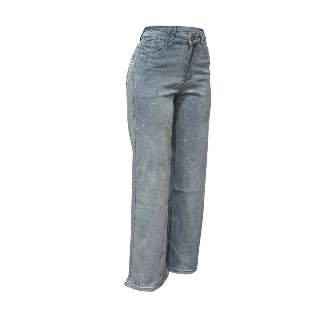Women's Outfit Featuring Diamond-studded Washed Denim Pants Women's High-waisted Straight-leg Pants, and "hot Girl" Style Pants.