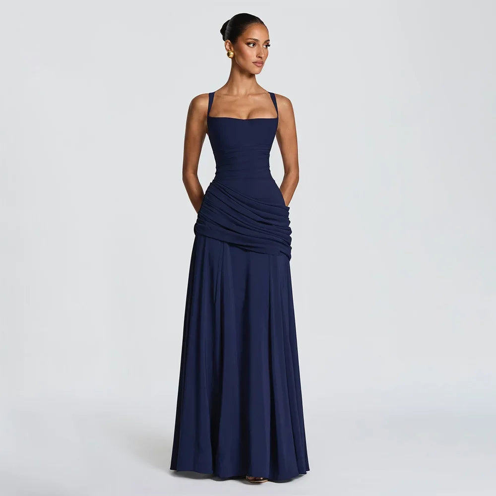 Elegant Solid Pleated Sling Dress Women Sexy Square Neck Sleeveless High Waist Slim Maxi Dresses 2026 Lady Party Evening Robe