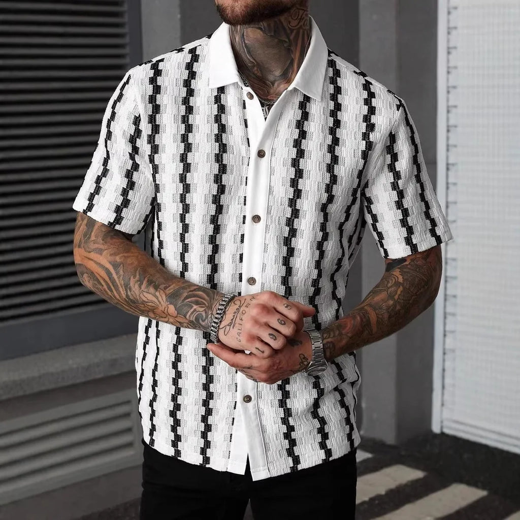 Classic Plaid Striped Knitted Shirt Men Summer Short Sleeve Button Down Turn-down Collar Vintage Slim Fit Knit Cardigan Tops