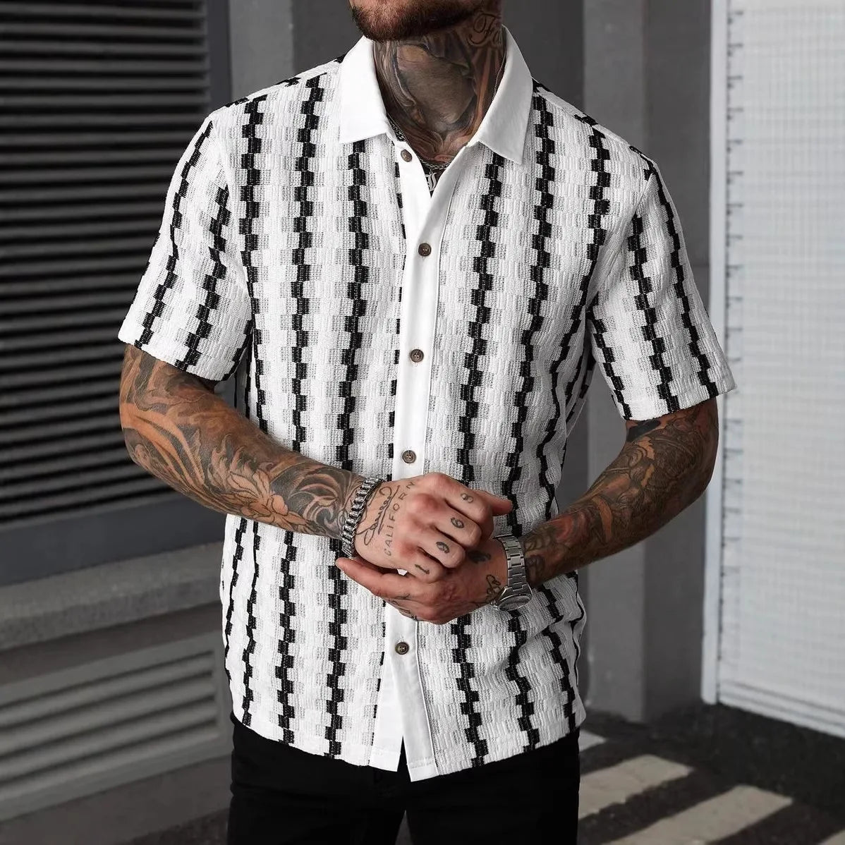 Classic Plaid Striped Knitted Shirt Men Summer Short Sleeve Button Down Turn-down Collar Vintage Slim Fit Knit Cardigan Tops