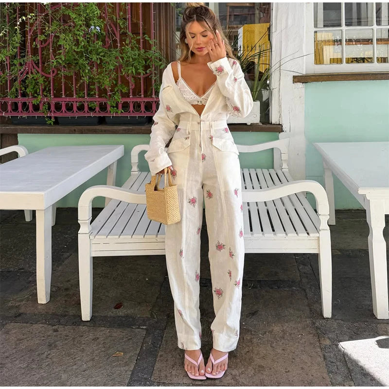 Elegant Print Women's Jumpsuits Fashion Long Sleeve V-neck Zippers Female Overalls 2026 Summer Autumn All-match Lady Outfit