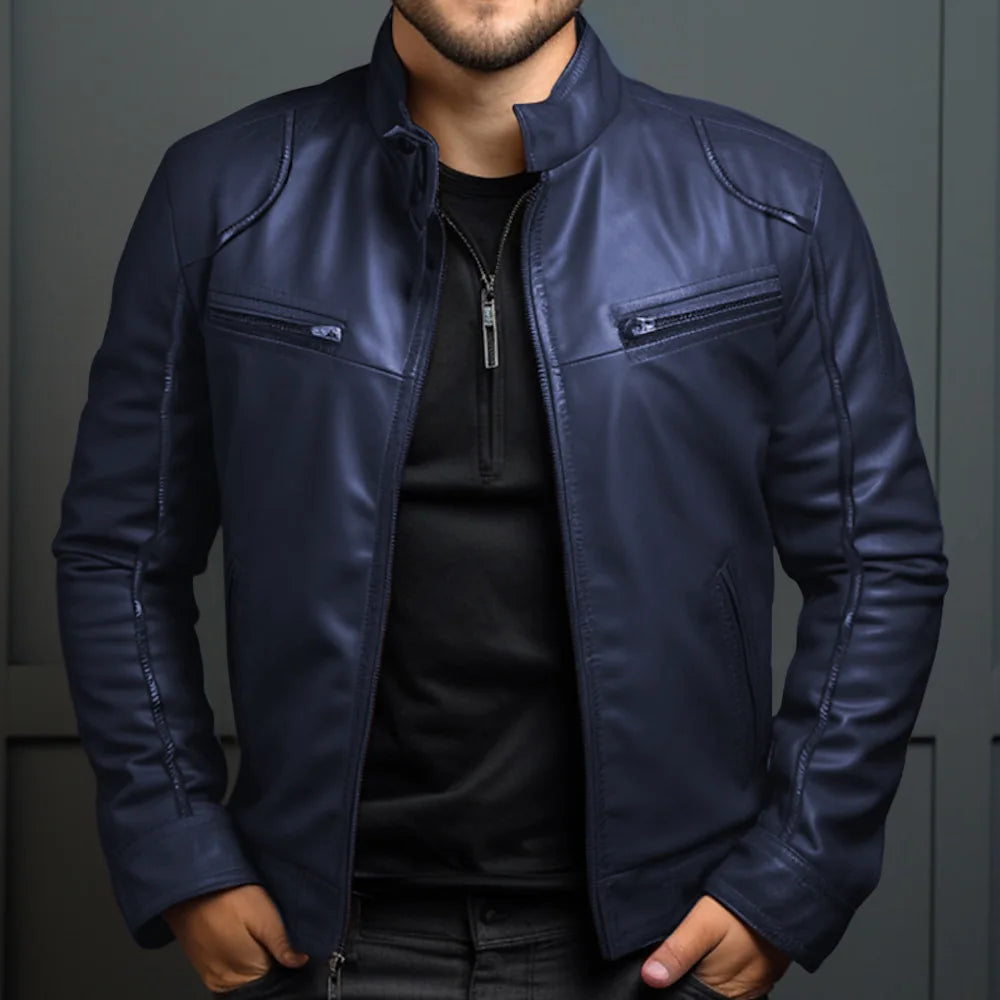 Asian Size Men's Motorcycle Leather Jacket Stand Collar Punk Biker Jacket Men's Casual Slim Fit PU Leather Coat Riding Jacket