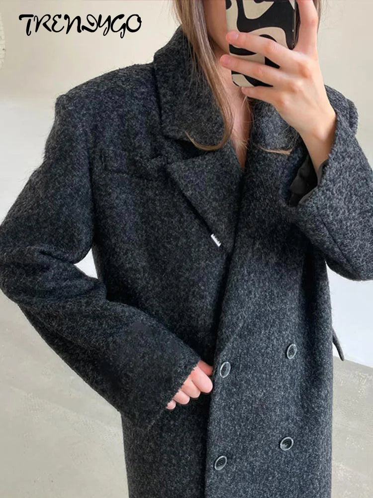 Women's Long Overcoats Lapel Full Sleeve Oversized Woolen Coats Autumn Female Double Breasted Solid Loose Jackets New Outerwears