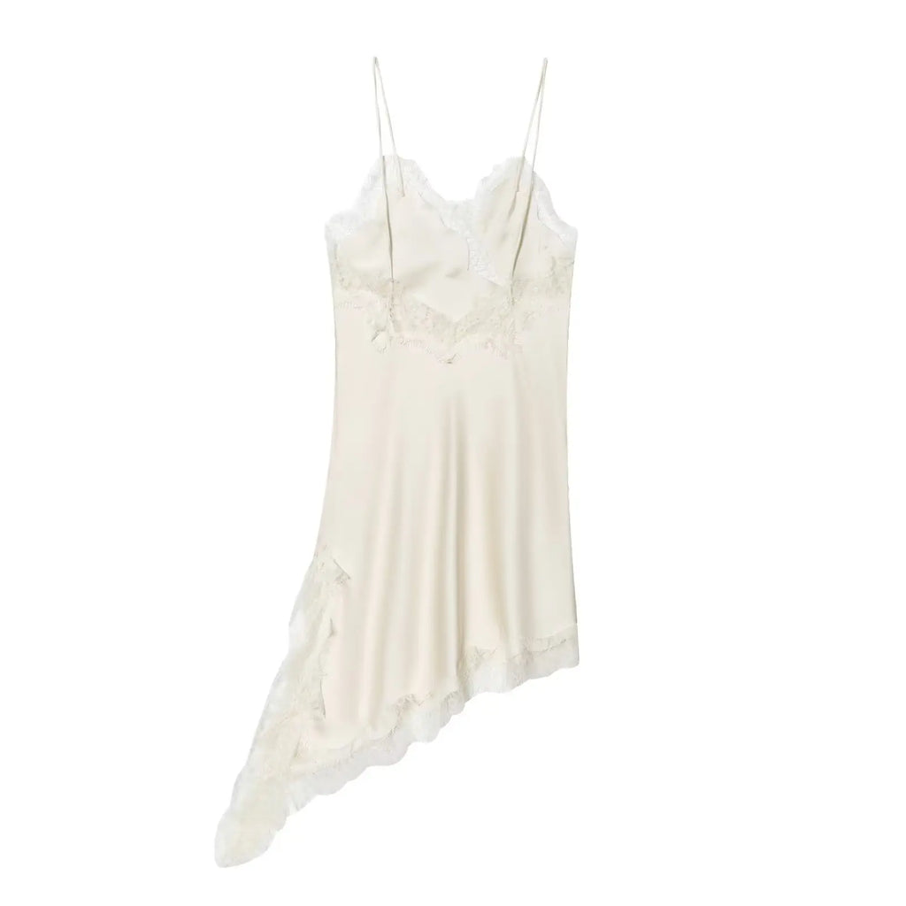 Zevity 2025 Women Sexy Hollow Out Lace Stitching Hem Irregular Mini Dress Female Chic Spaghetti Strap Soft Party Vestidos DS9446
