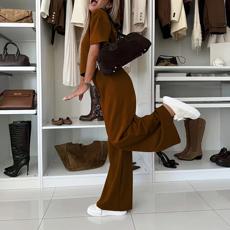 Women Casual Loose Sporty Two Piece Fashion Daily Commute Outfit 2026 Summer Simple O Neck Short Sleeve Top and Long Pants Suit