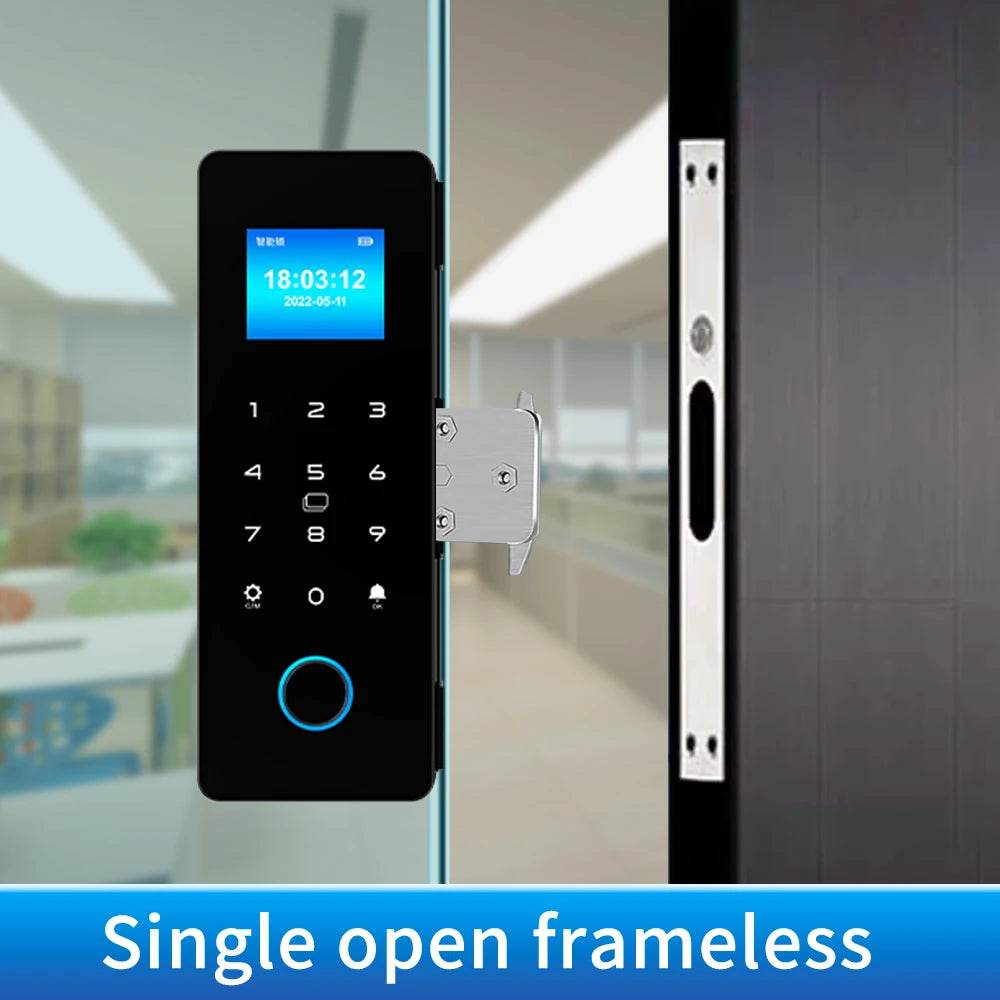 Electronic Digital Lock Fingerprint Glass Door Lock Bluetooth HAHA-Lock App Passcode IC Card Keyless Smart Phone Attendance Lock