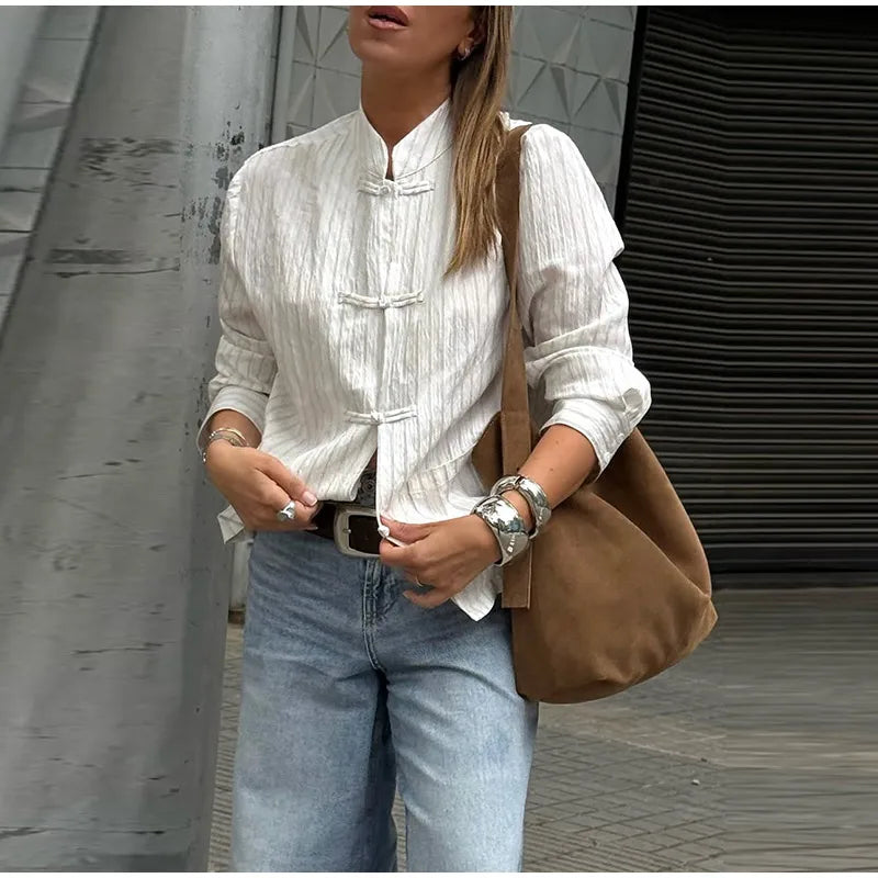 Loose Women's Frog Buttons Mandarin Shirts See Through Stand Collar Full Sleeve Blouses 2026 Summer Lady Cotton Linen Outwear