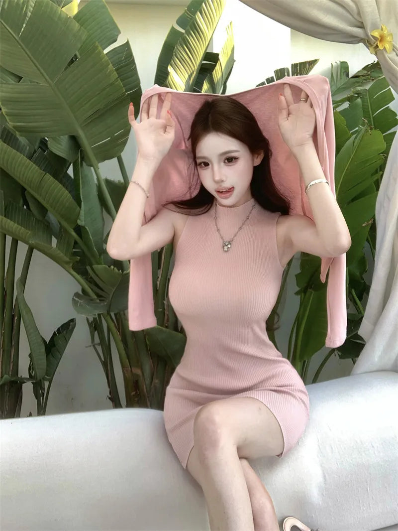 Mint Green Half High Collar Sleeveless Knitted Dress Women's Slim Fit Summer Waist Cinching Short Skirt Trendy Commute Style