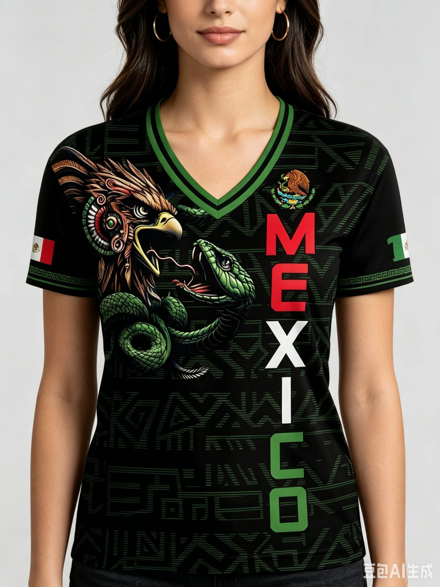 Mexico National Flag 3D Eagle Print Women's T-Shirts Casual V-neck Short Sleeve Tees Fashion Football Fan Summer Female Clothing