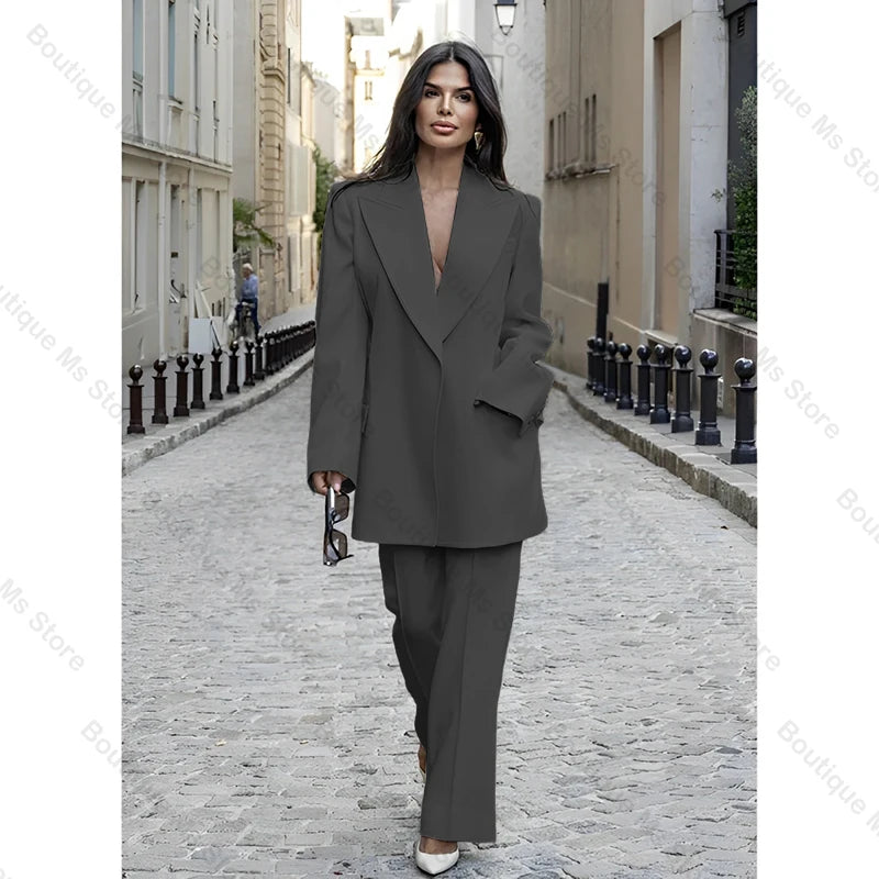 Chic Loose White Single Breasted Women Pants Set New Female Two Pieces(Blazer+Trousers) conjuntos femininos elegantes
