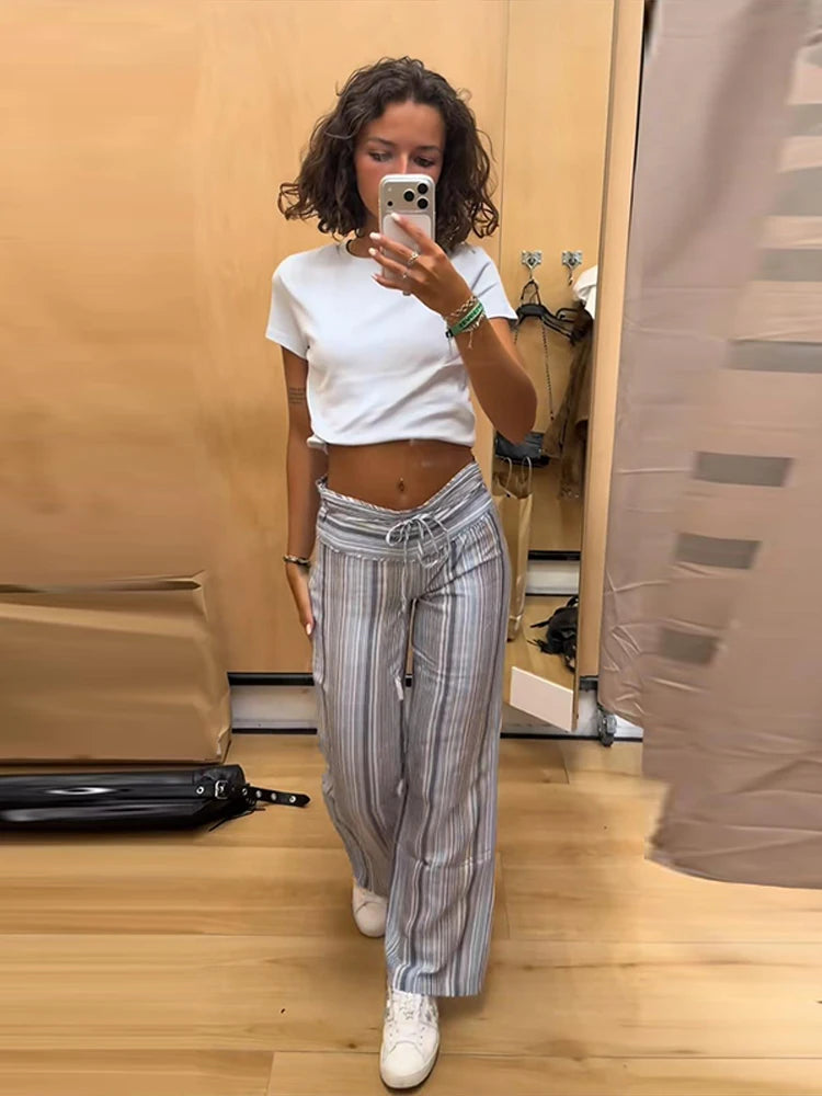 Colorful Striped Wide Leg Trousers Women Bohemian High Waist Multi-color Panelled Slim Straight Pants Fashion Lady Beachwear New